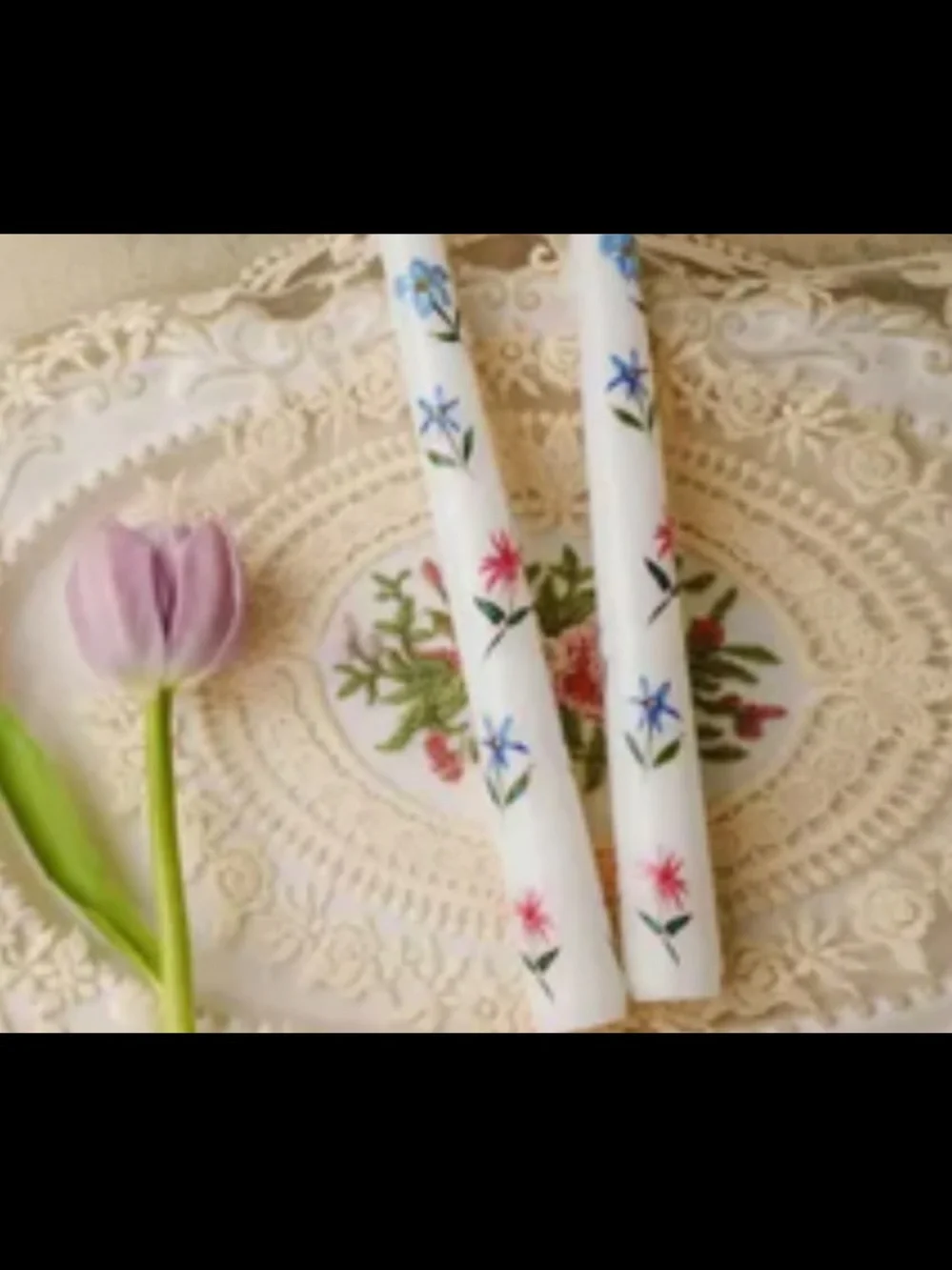 White Floral Taper Candles with Pink & Blue Flower Accents